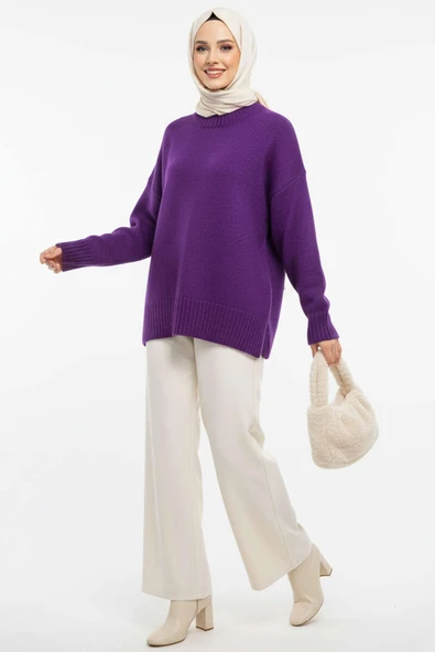 Basic Oversize Triko Tunik Mor - Resim 2