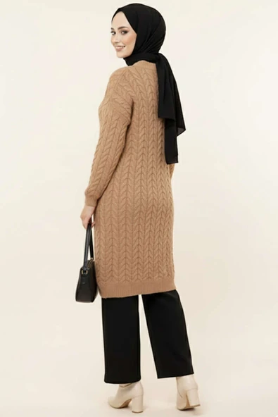 Örgü Detaylı Uzun Triko Tunik Camel - Resim 3
