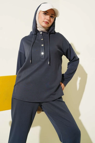 Yaka Çıtçıtlı Kapüşonlu İkili Takım Füme - Resim 2