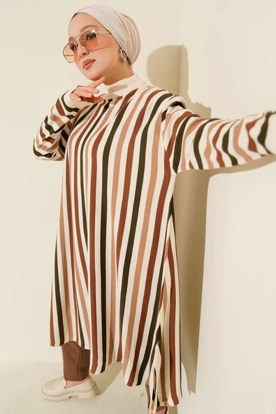 Salaş Uzun Çizgili Triko Tunik Bej ürün görseli 1