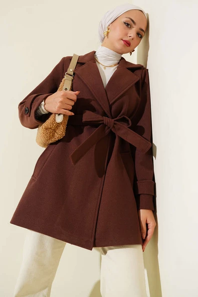 Kruvaze Yaka Kuşak Detaylı Kısa Kaşe Kaban Kahve ürün görseli 1