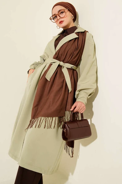 Kruvaze Yaka Kuşak Detaylı Trençkot Mint Yeşili ürün görseli 1