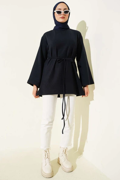 Geniş Kollu Fitilli Kaşe Tunik Lacivert - Resim 2