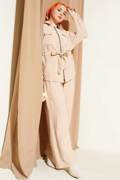 Bel Tünelli Çift Cepli İkili Takım Bej ürün görseli 1