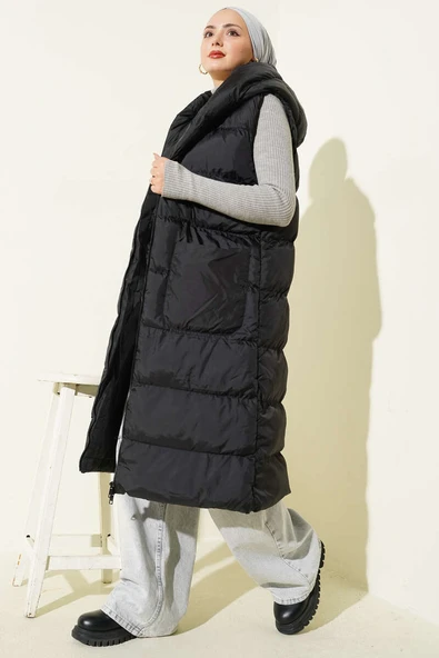 Kapüşonlu Cepli Uzun Şişme Yelek Siyah - Resim 2