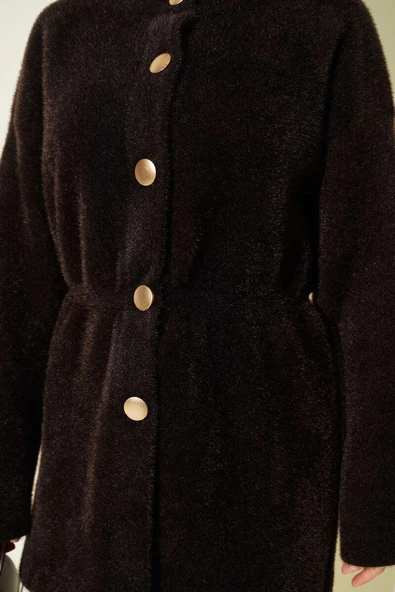 Gold Düğmeli Sakallı Triko Hırka Kahve - Resim 4