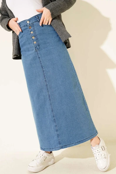 Beş Düğmeli Kot Etek Mavi ürün görseli 1