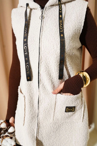 Kapüşonlu Buklet Yelek Bej - Resim 4