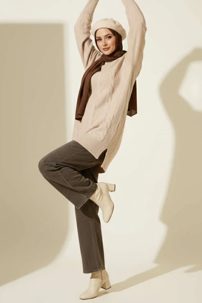 Sarmal Kabartmalı Yumoş Triko Tunik Latte - Resim 2