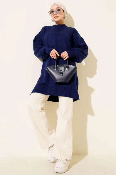 Baklava Kabartma Yumoş Triko Tunik Lacivert - Resim 2