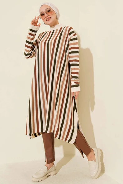 Salaş Uzun Çizgili Triko Tunik Bej - Resim 2