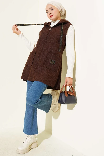 Kapüşonlu Buklet Yelek Kahve - Resim 2