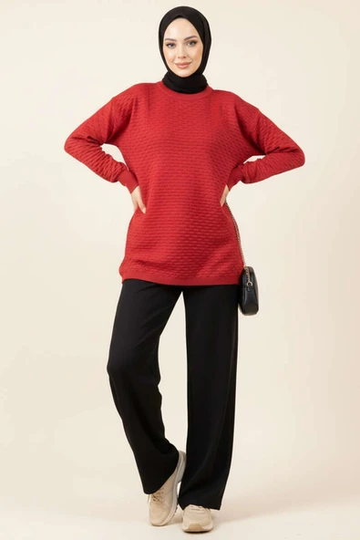 Kabartma Desenli Triko Tunik Kırmızı - Resim 2