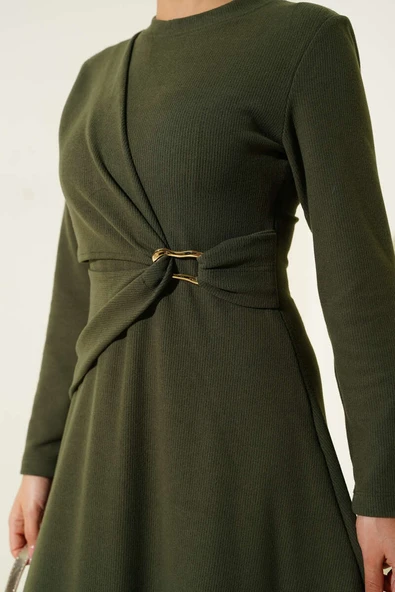 Gold Tokalı Fitilli Elbise Haki - Resim 4