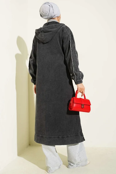 Kapüşonlu Fermuarlı Kot Kap Füme - Resim 3