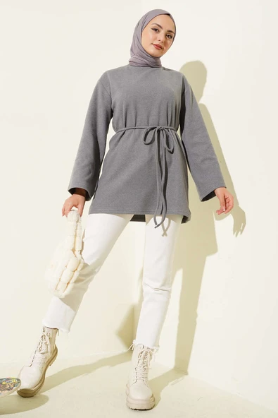 Geniş Kollu Fitilli Kaşe Tunik Gri - Resim 2