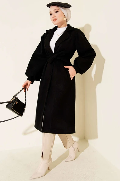 Kruvaze Yaka Balon Kol Kuşaklı Kaşe Kaban Siyah - Resim 2