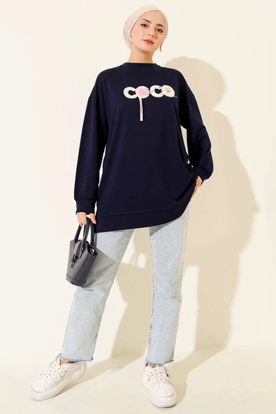 Loyşa Coco Yazı Süslemeli Tunik Lacivert - Resim 2
