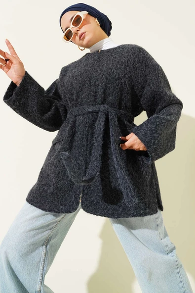 Fermuarlı Kuşaklı Keçe Ceket Lacivert ürün görseli 1