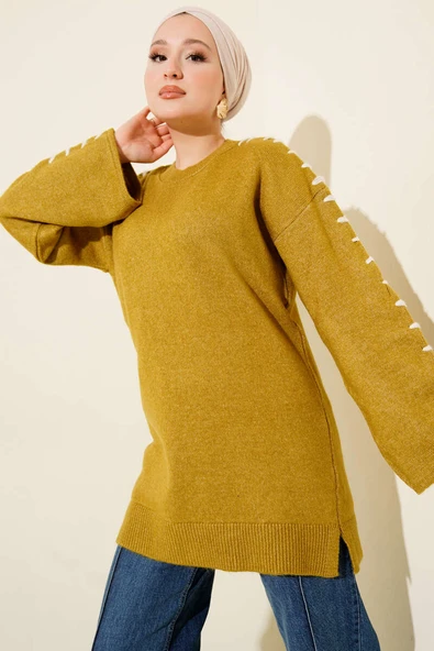 Kol Bağcık Detaylı Triko Tunik Yağ Yeşili ürün görseli