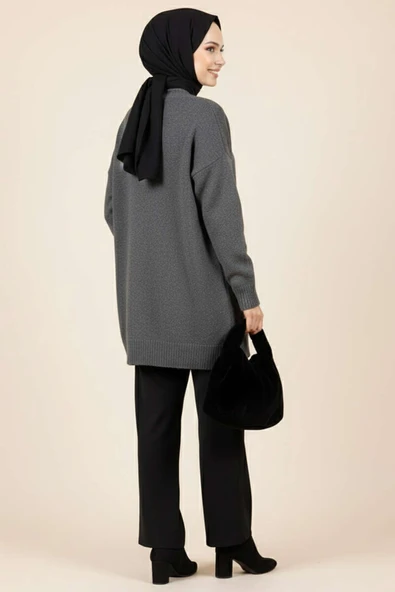 Çift Cepli Düğmeli Triko Hırka Füme - Resim 3
