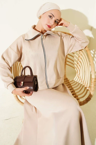 Sıra Taşlı Etekli Scuba İkili Takım Bej ürün görseli 1