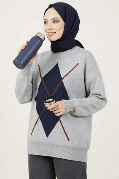 Baklava Desen Triko Kazak Gri Lacivert ürün görseli 1