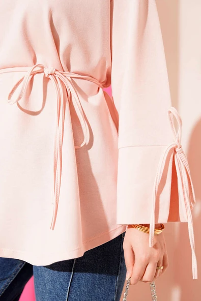 Kolları Bağcıklı İki İpli Tunik Pudra - Resim 4