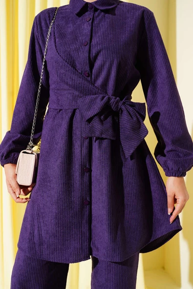 Yan Bağlamalı Kadife Fitilli İkili Takım Mor - Resim 4