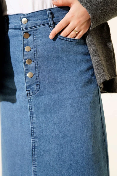 Beş Düğmeli Kot Etek Mavi - Resim 4