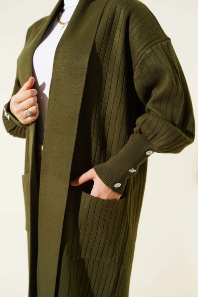 Kol Ucu Düğmeli Şal Yaka Triko Hırka Haki - Resim 4