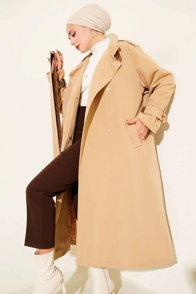 Çıtçıt Düğmeli Deri Detaylı Trençkot Latte ürün görseli 1