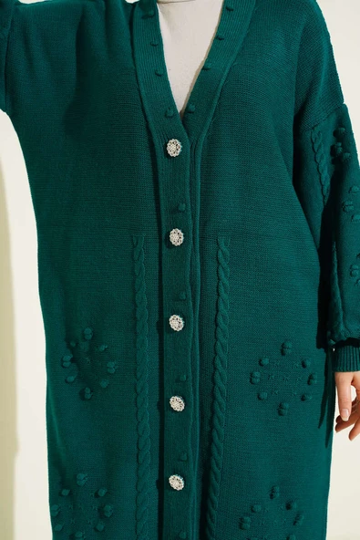 Taşlı Düğmeli Triko Hırka Zümrüt - Resim 4