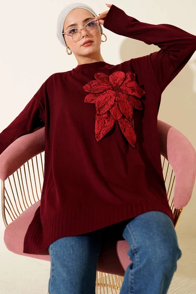 Büyük Çiçek Desenli Triko Tunik Bordo ürün görseli