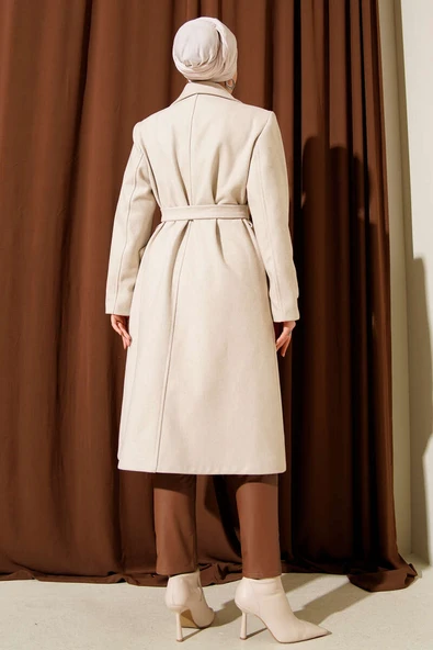 Kol Düğmeli Kuşaklı Kaşe Kaban Taş - Resim 3