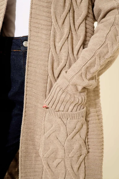 Cepli Örgü Desenli Uzun Hırka Vizon - Resim 4