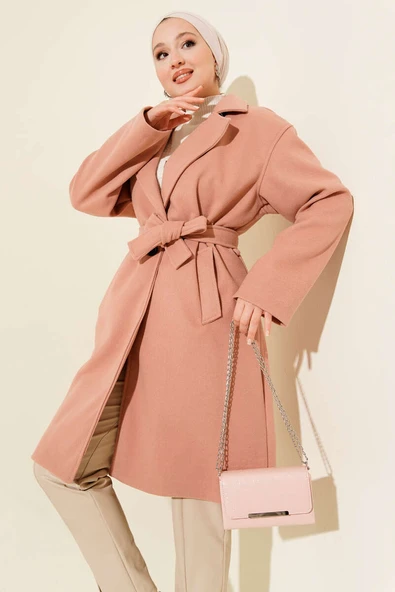 Kuşaklı Cepli Kaşe Kaban Pudra - Resim 2