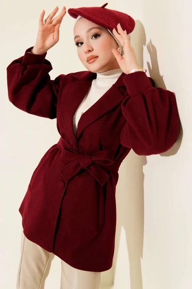 Balon Kol Kuşaklı Kısa Kaban Bordo ürün görseli 1