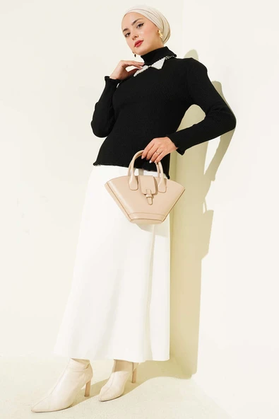 Balıkçı Yaka Fırfırlı Triko Kazak Siyah - Resim 2