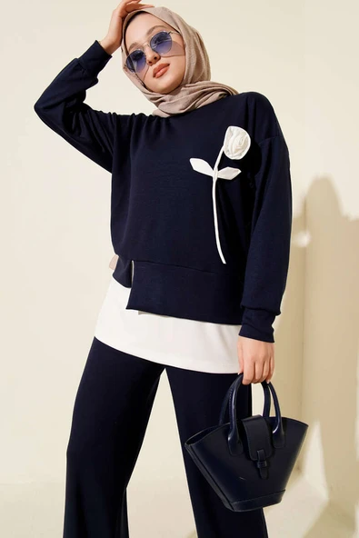 Loyşa Gül Desen İkili Takım Lacivert - Resim 2