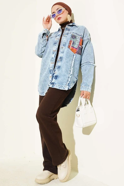 Etnik Desenli Püsküllü Kot Ceket Kot Mavisi - Resim 2