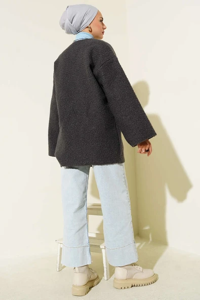 Önü Kurdeleli Buklet Ceket Mint Antrasit - Resim 3