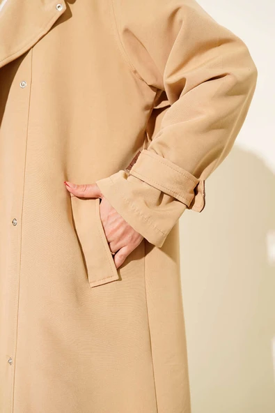 Çıtçıt Düğmeli Deri Detaylı Trençkot Latte - Resim 4