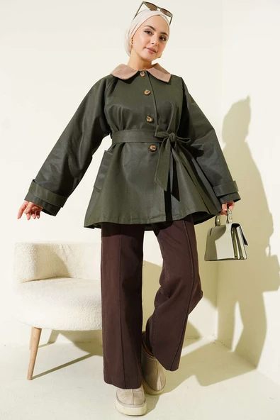 Kadife Yaka Kuşaklı Trençkot Haki - Resim 2