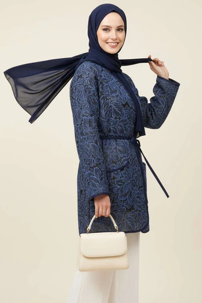 Çiçek Desenli Cepli Ceket Lacivert ürün görseli 1