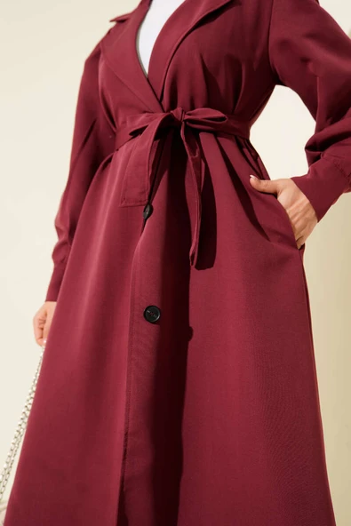 Kruvaze Yaka Kuşak Detaylı Trençkot Bordo - Resim 4