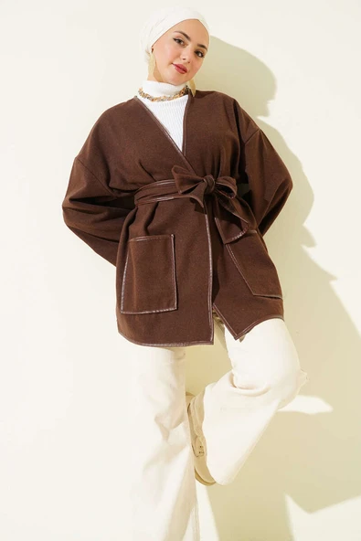 Deri Biyeli Cepli Ceket Kahve ürün görseli 1