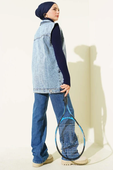 Cep Detaylı Kot Yelek Kot Mavisi - Resim 3