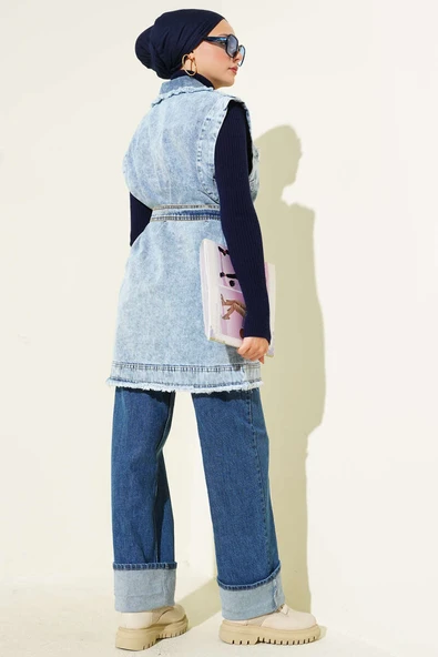 Püskül Detaylı Cep Kapaklı Kot Yelek Kot Mavisi - Resim 3