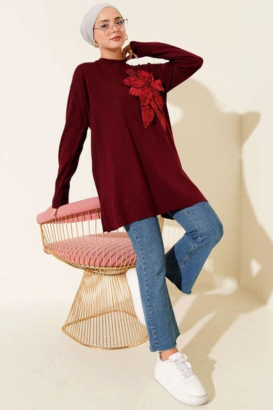 Büyük Çiçek Desenli Triko Tunik Bordo - Resim 2